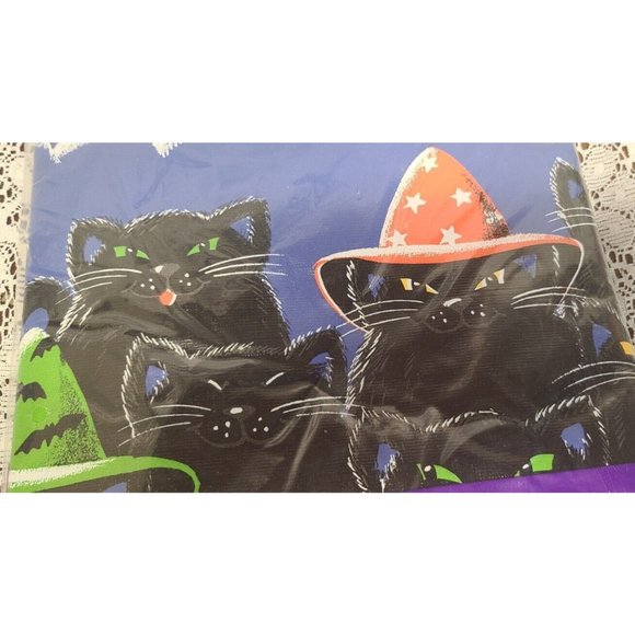 Vintage Pumpkin Time Vinyl Tablecover Halloween Cats Witch Hat Spooky 52 x 70 in - Picture 3 of 6